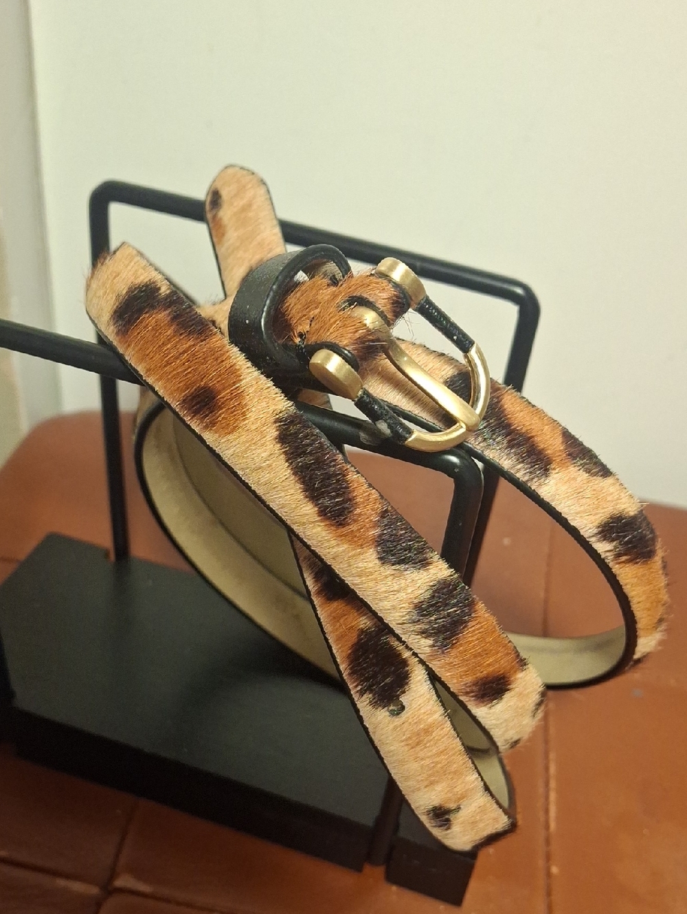 Talbots Leopard Fur Skinny Belt with Gold Buckle